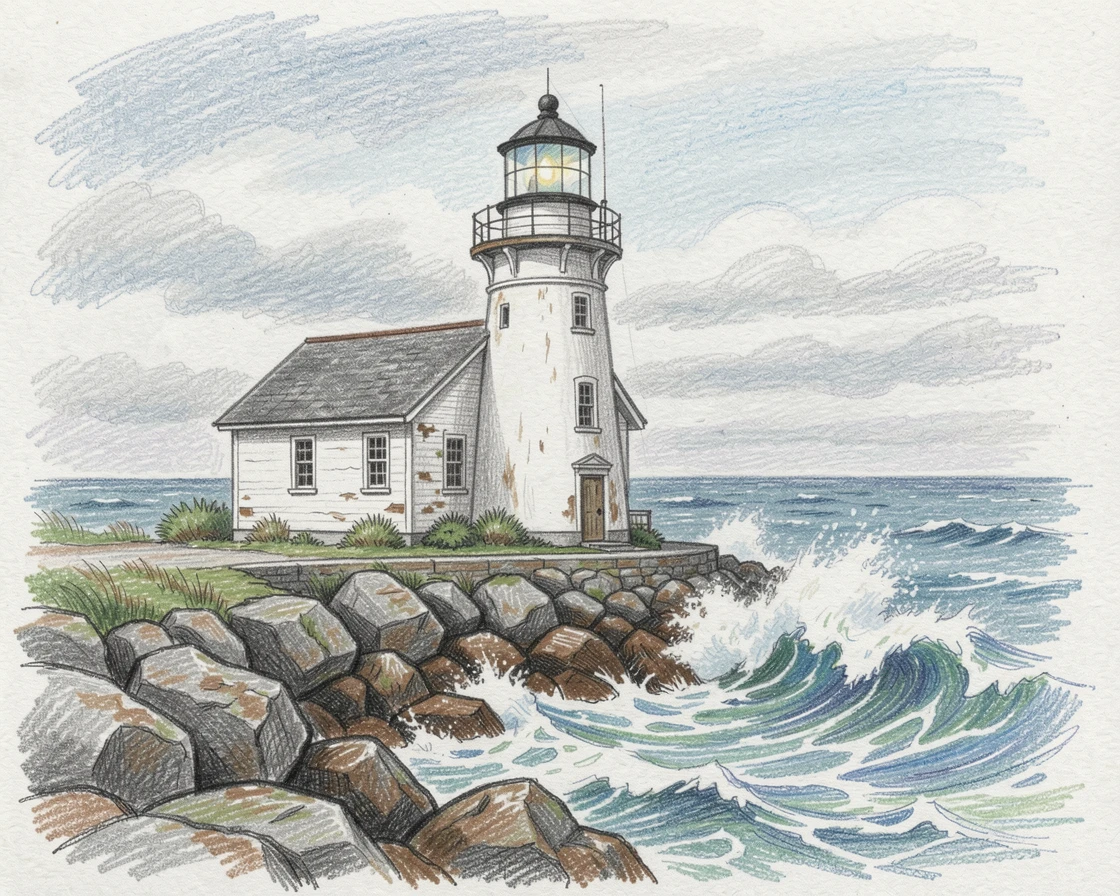 A Maine lighthouse standing against crashing Atlantic waves, with rich, inviting textures throughout the scene, capturing a quiet story that lingers with the viewer.
