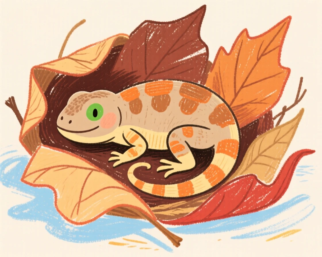 A desert lizard curling up in a nest of dry leaves for winter.