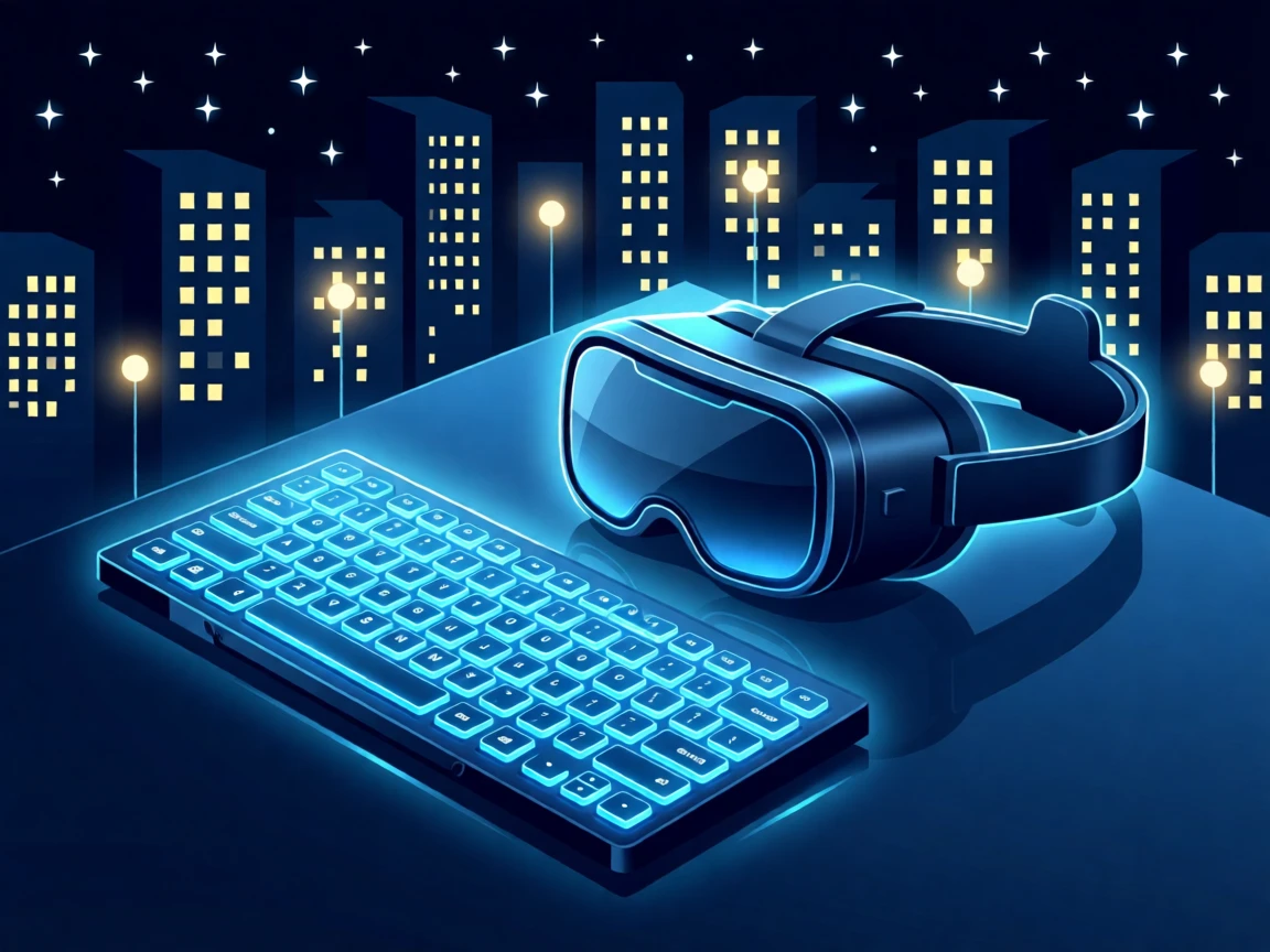 A virtual reality headset resting beside a glowing keyboard, surrounded by twinkling city lights at night, arranged with a sense of sleek, futuristic order, with a subtle sense of wonder about future possibilities.
