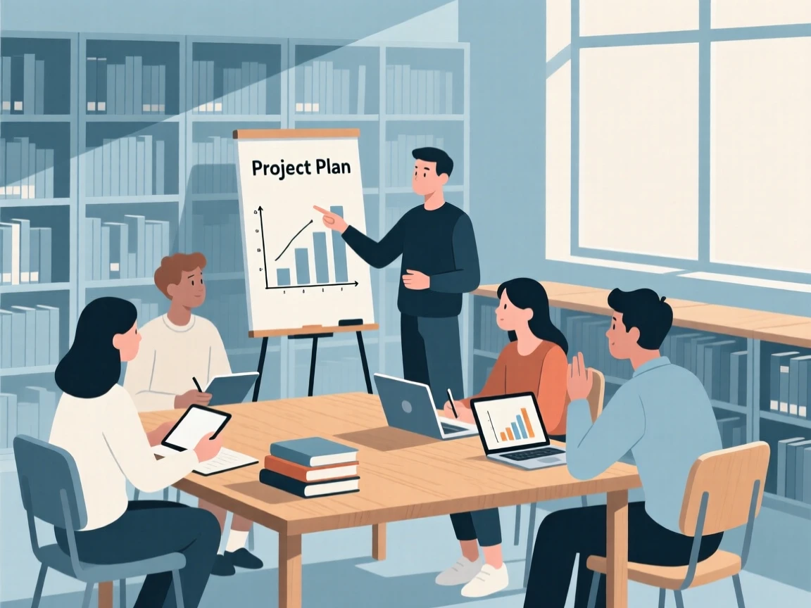 A group of students practicing a presentation in a library reading room.