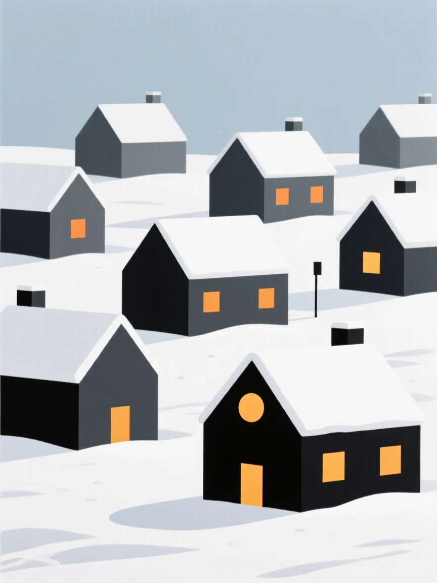 A snow-covered village with warm glowing windows