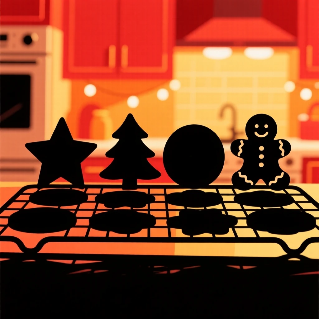 A row of holiday cookies cooling on a rack in a warm kitchen.