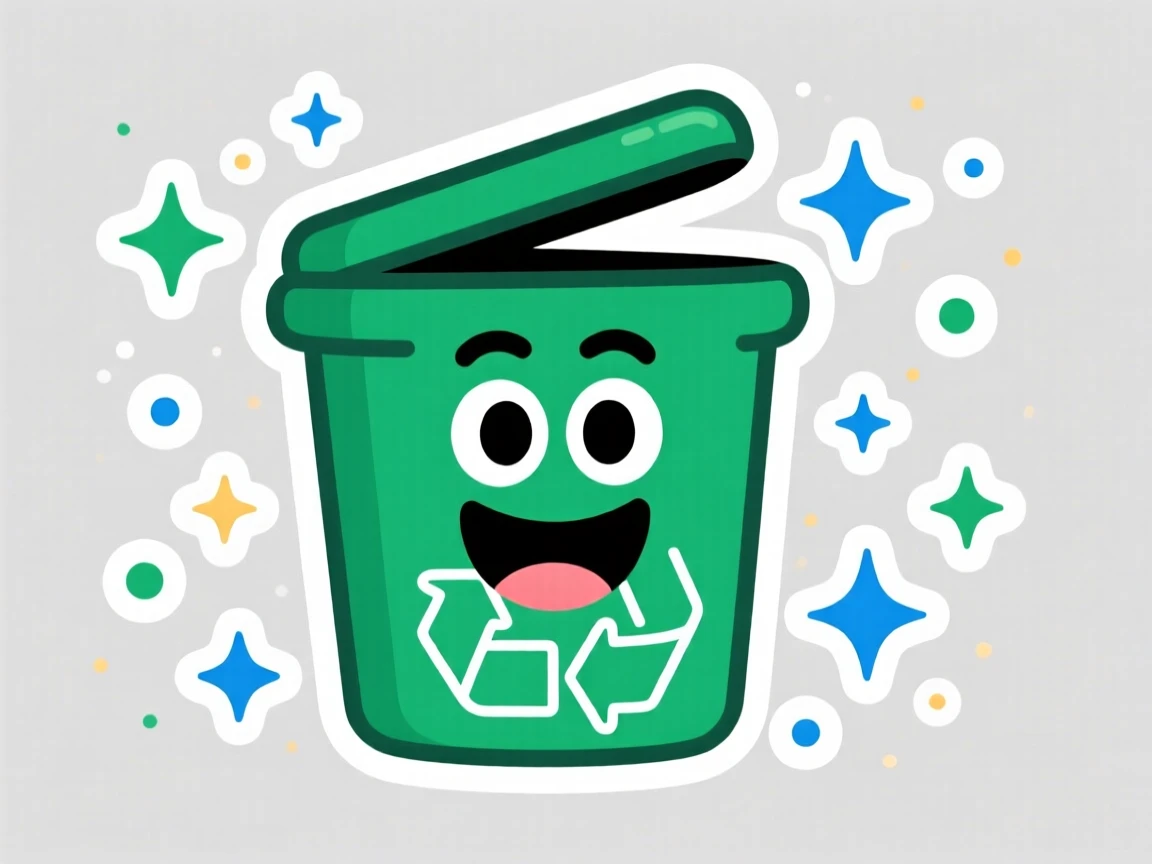 A playfully educational cartoon recycling bin with a big smile, surrounded by sparkles of curiosity, perfect for a classroom or nursery.