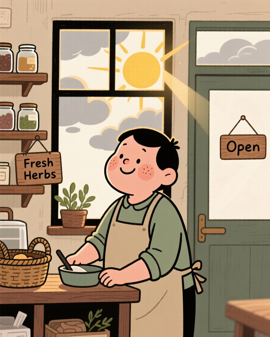 A busy shopkeeper pauses mid-chores to watch the sun breaking through the clouds, a small smile crossing their face at the simple beauty of it.
