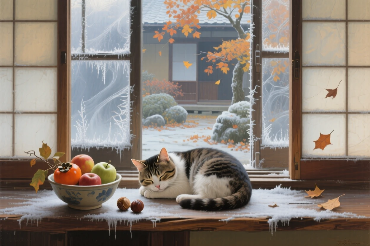A centered composition of a sleepy cat curled on a windowsill beside a bowl of fruit, in old Kyoto, during the first frost of autumn, amid swirling autumn wind.