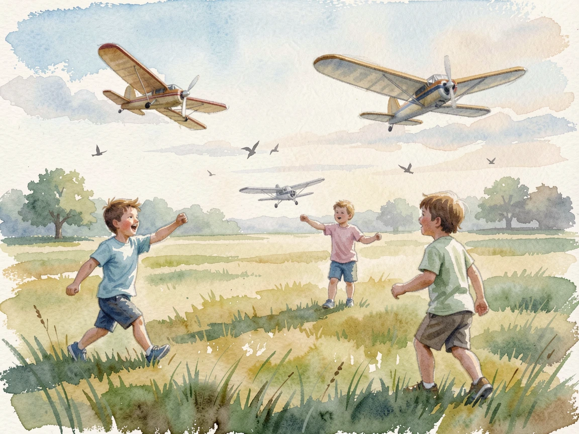 Children flying model airplanes in an open field as birds chirp softly in the background.