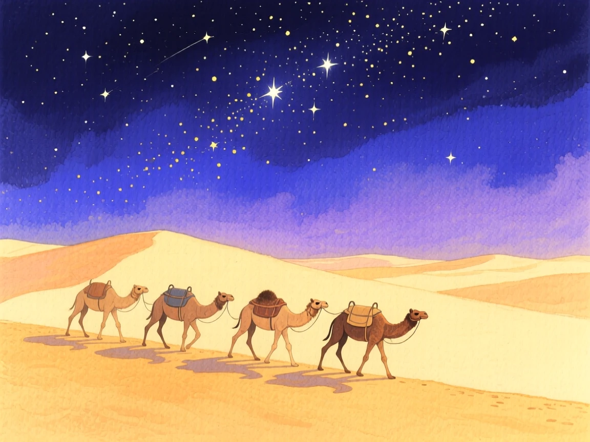 A camel caravan crosses golden sand dunes in the Sahara desert beneath a brilliant starry night sky
