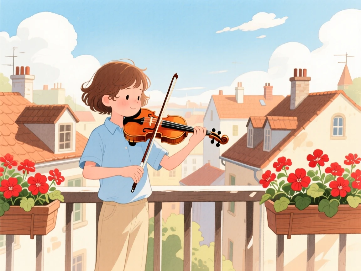 A young violinist practicing on a sunny balcony overlooking rooftops.