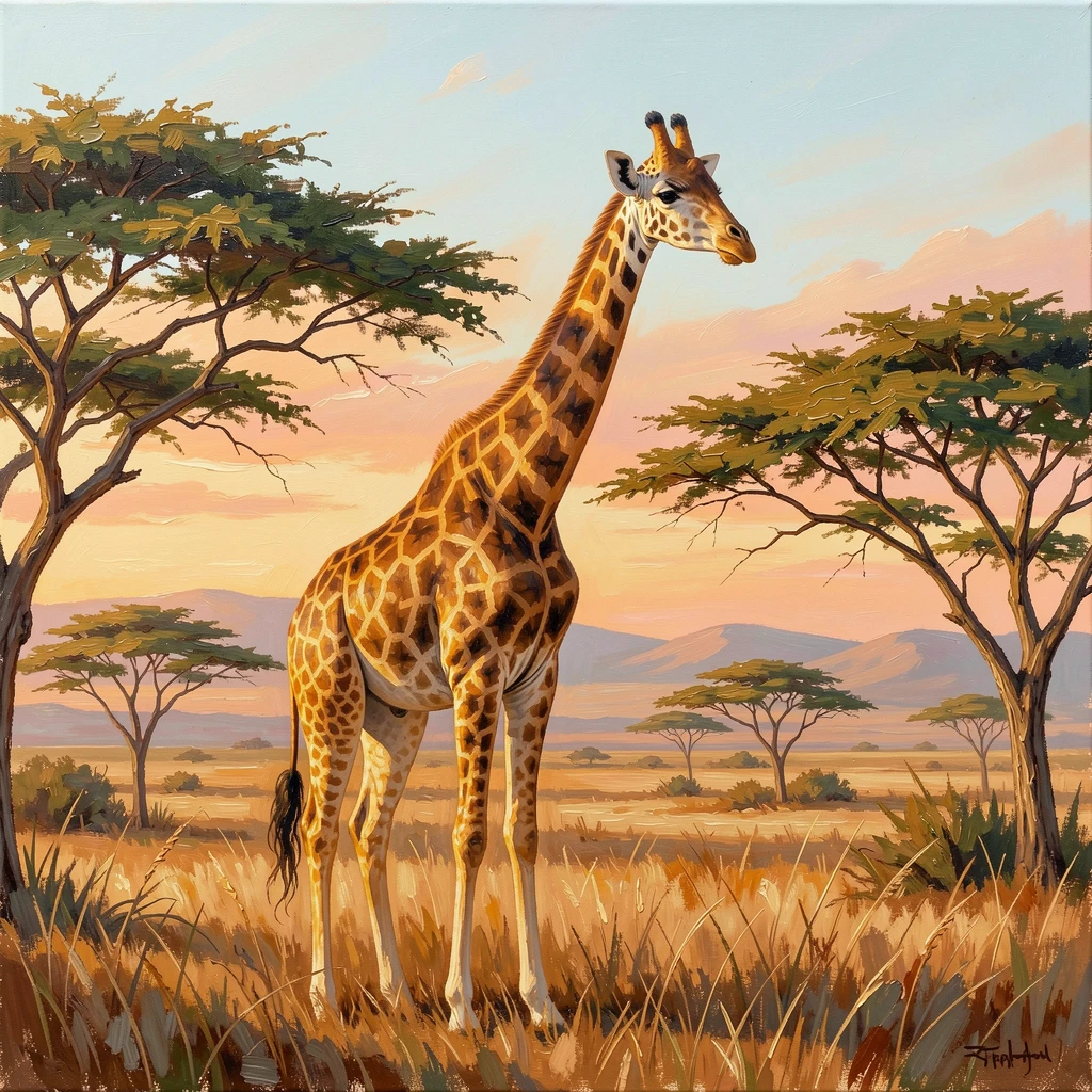 Beneath a wide African sky at golden hour, a giraffe reaching gracefully into the treetops, it surveying the landscape from a high vantage point, on a clear summer afternoon.