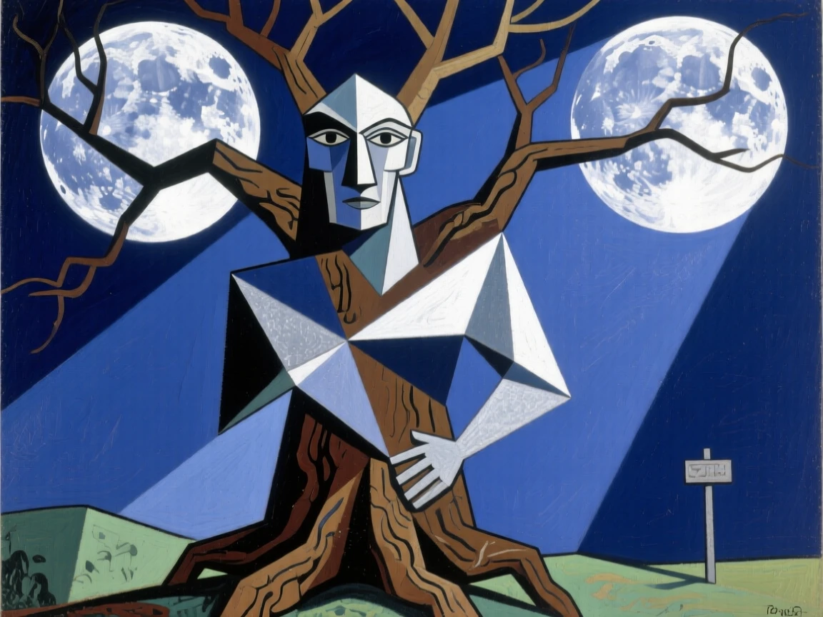 A magical scene of an ancient tree guardian beneath twin moons casting silver light.