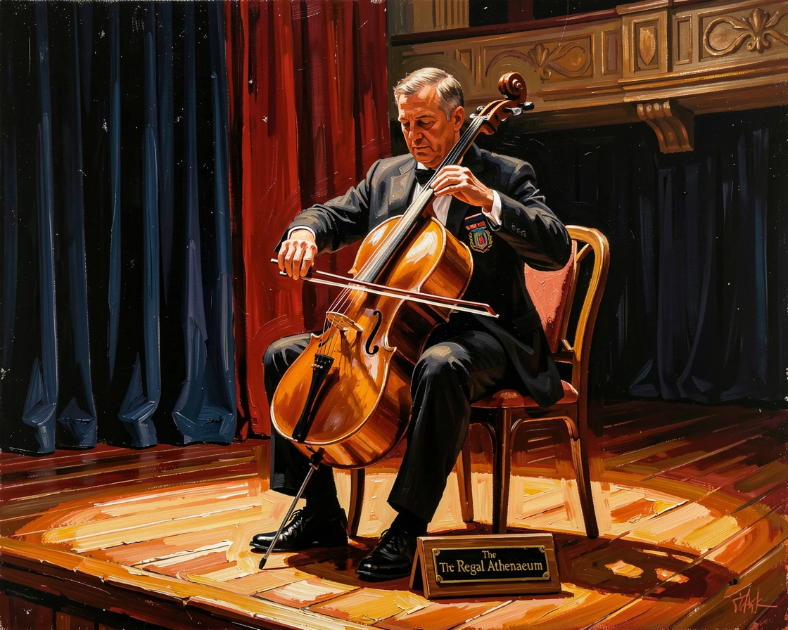 A solo cellist performs beneath dramatic stage lighting in an empty concert hall, the instrument's rich wood glowing warmly against the darkness, small cultural details woven throughout the scene, grounding it in a specific time and place.