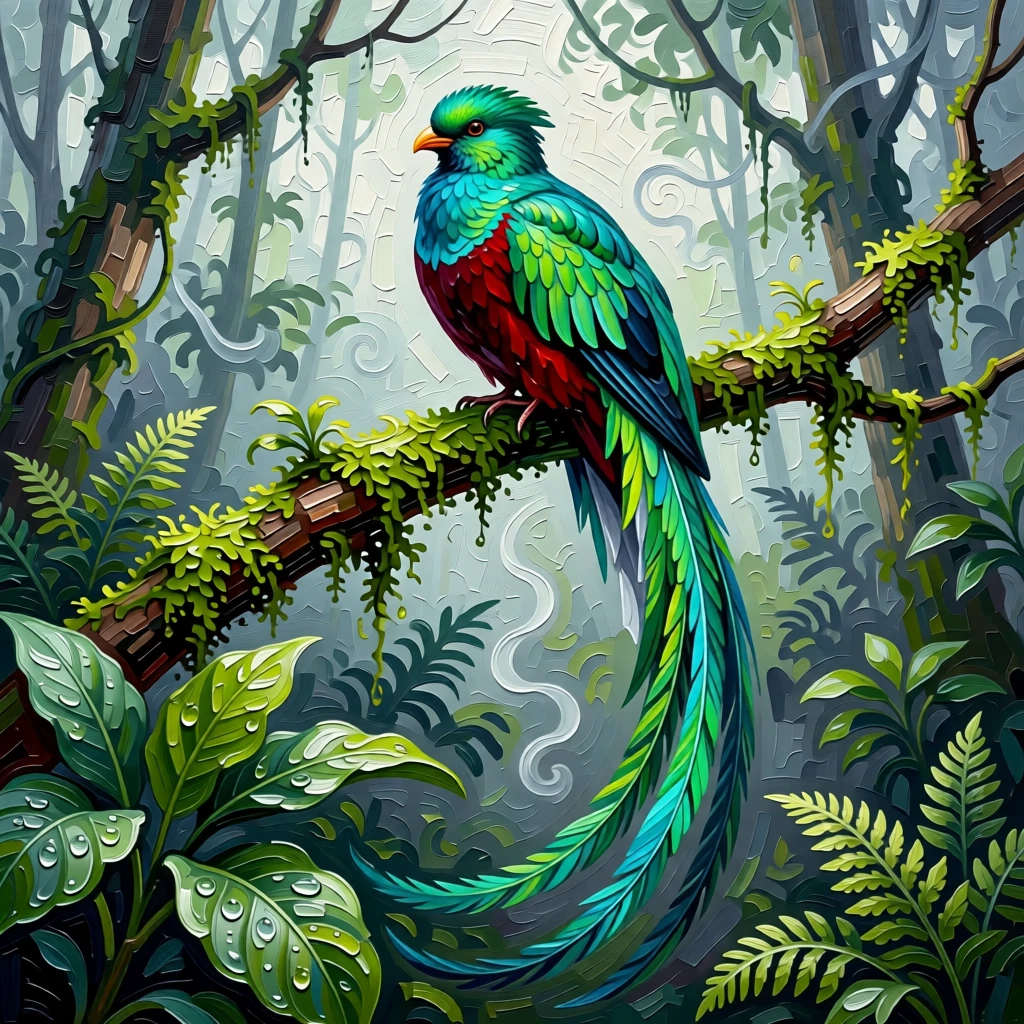 A resplendent quetzal perched in a misty cloud forest, its long emerald tail feathers trailing