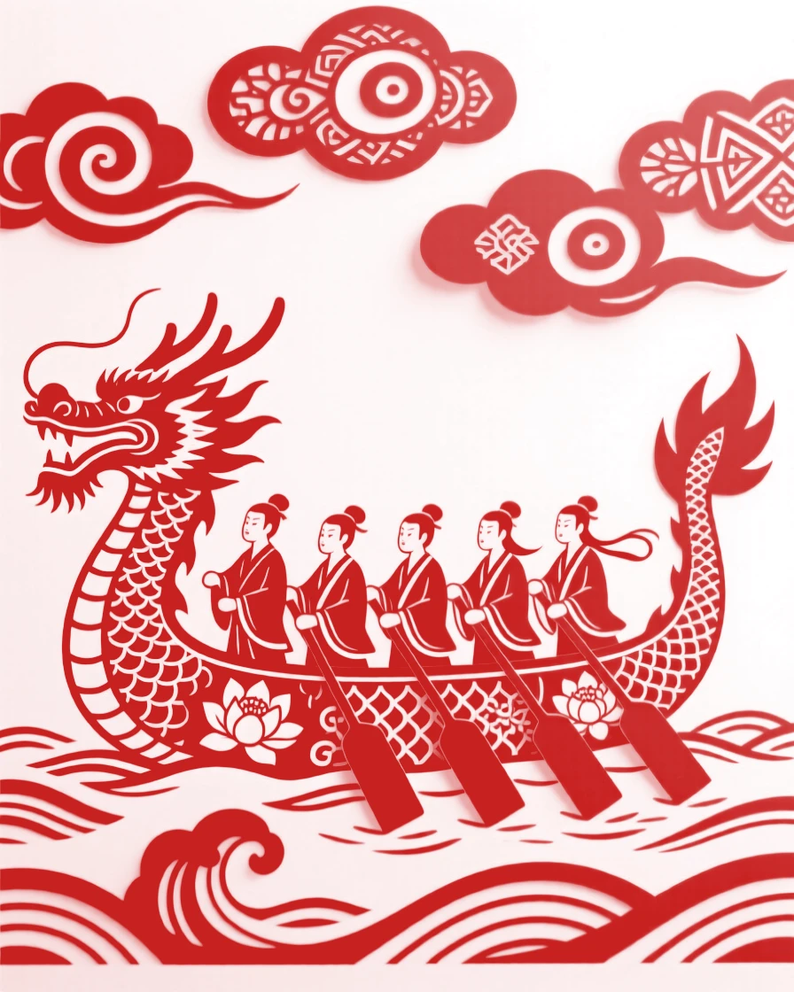 A dragon boat sailing through the clouds instead of water, its crew of spirits pulling in rhythm