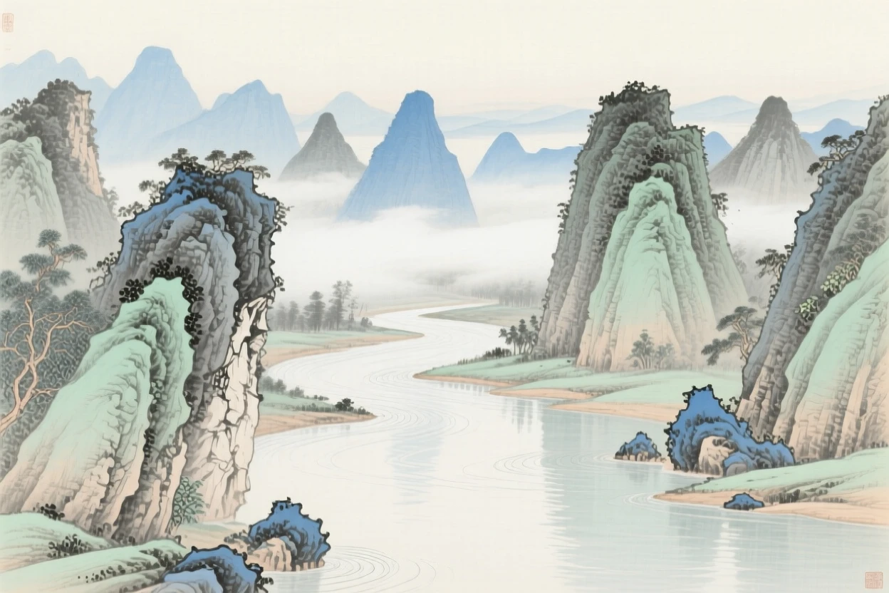 A winding river cutting through limestone karst peaks, with distant peaks fading into layers of mist
