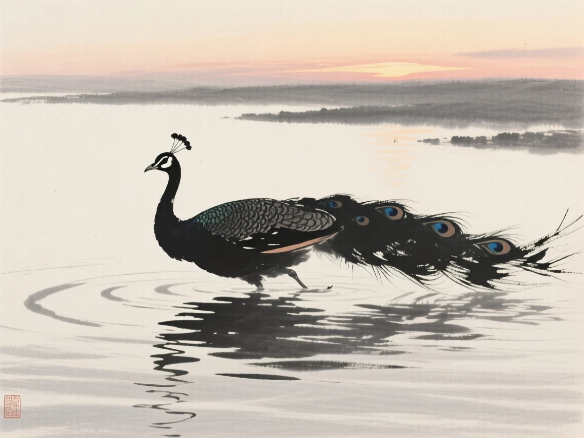 A peacock gliding low across the water's surface over rippling water at dusk, silhouetted softly against the fading light, carrying a quiet, poetic stillness.