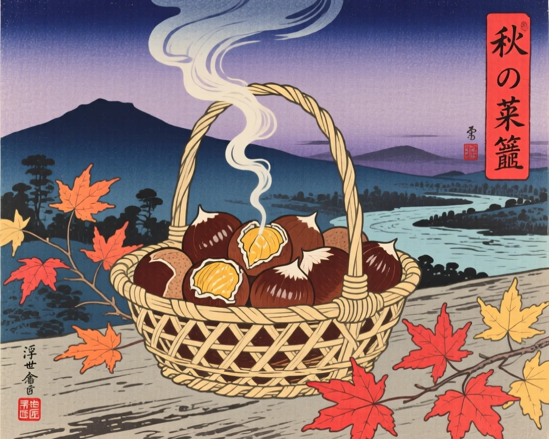 A woven basket of autumn chestnuts steaming gently in the evening air.