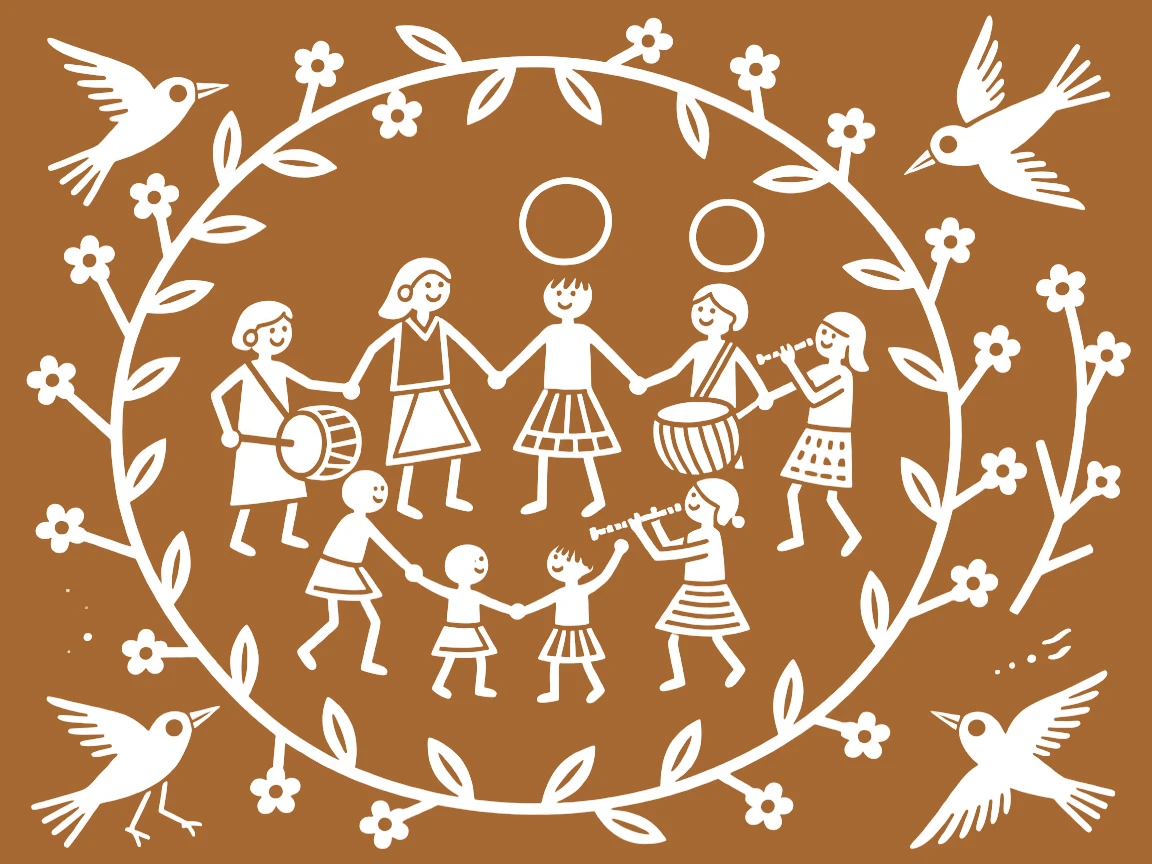 A composition centered on a grand family gathering encircled by birds and blooming branches.