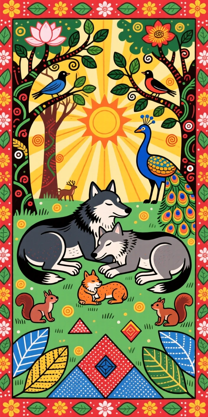 A family of wolves resting together in a sunlit forest clearing.
