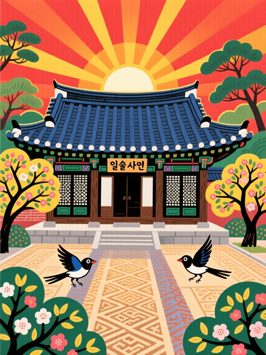 A temple courtyard, as the first light of sunrise breaks over the horizon.