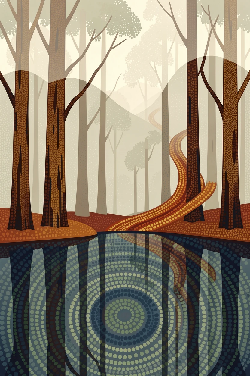 A fog-draped ancient forest reflected in still water