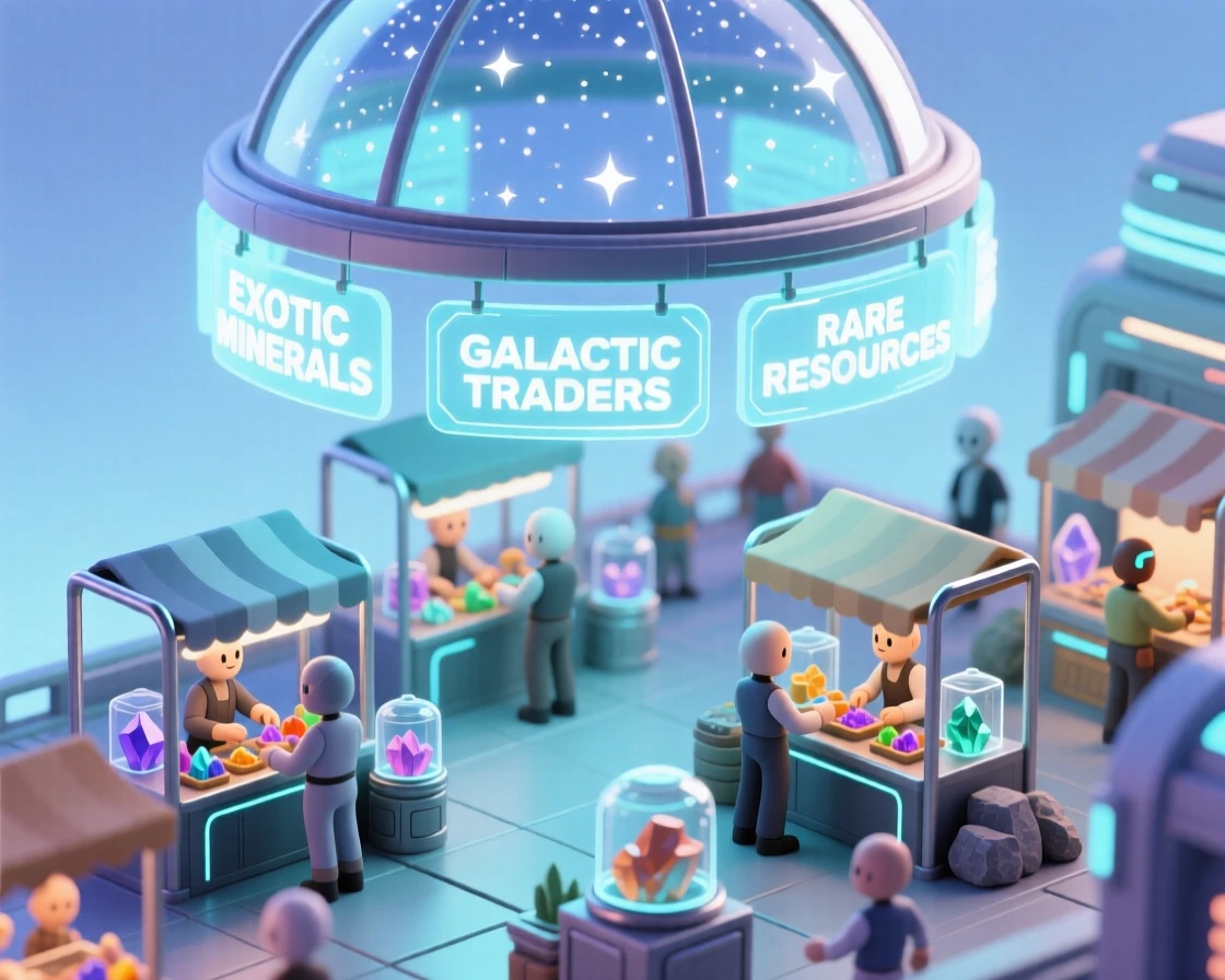 A space colony marketplace glowing with holographic banners, traders bartering exotic minerals beneath a starry dome.