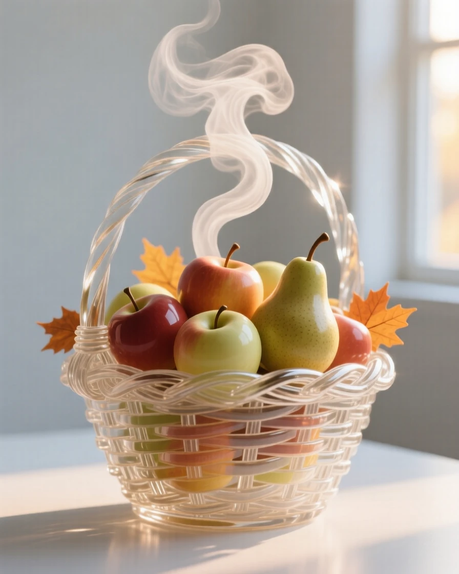 A basket overflowing with autumn apples and pears as steam rises gently into the morning air, while a warm breeze drifts through a nearby open window