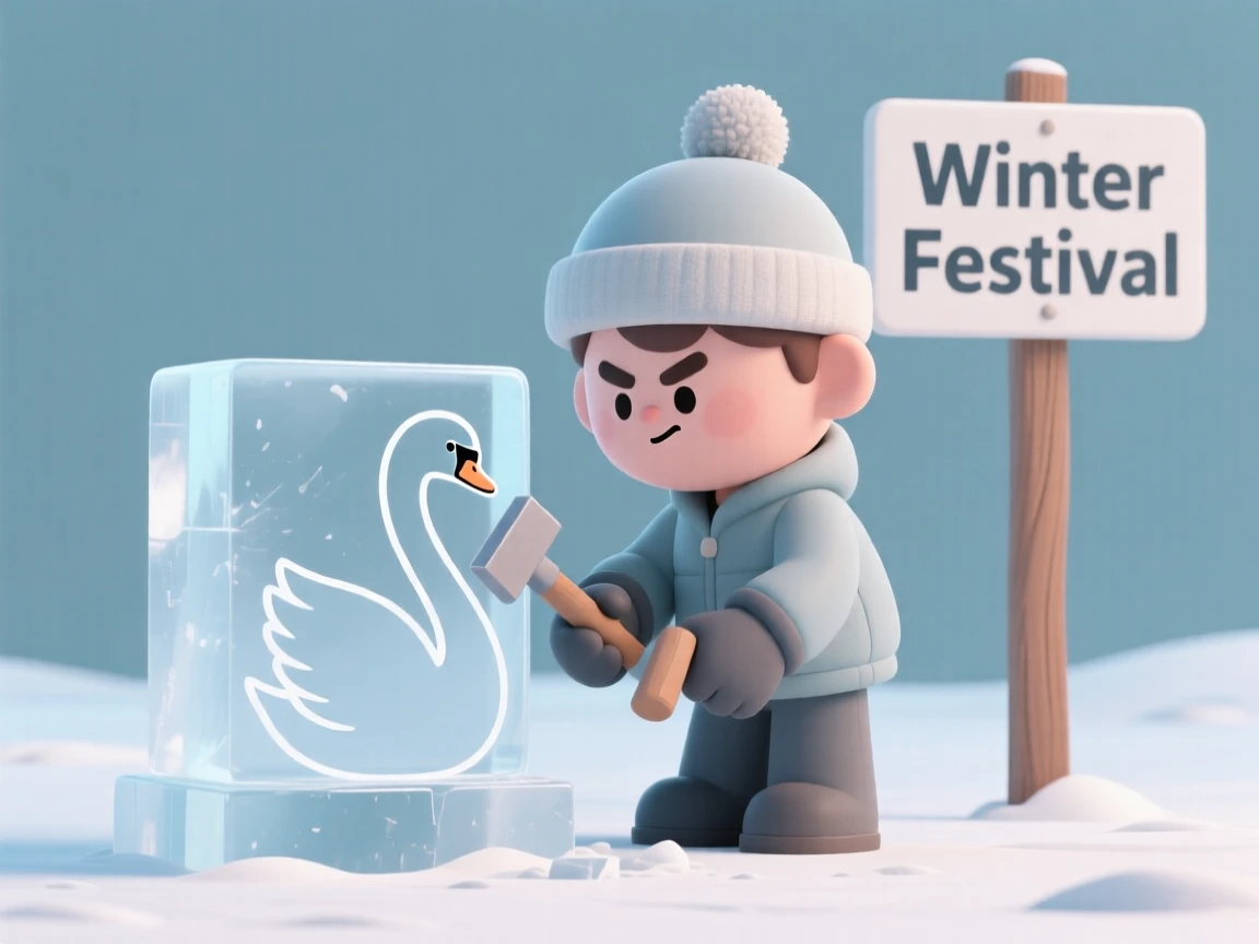 A determined ice sculptor carves a graceful swan from a block of ice at a winter festival.