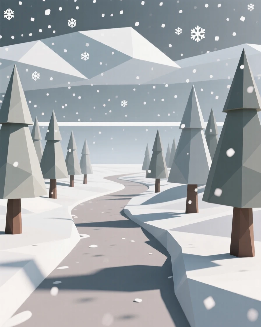 A quiet forest path dappled with sunlight, beneath a blanket of soft snowfall. the horizon line anchors a balanced composition. The atmosphere is dramatic and powerful.