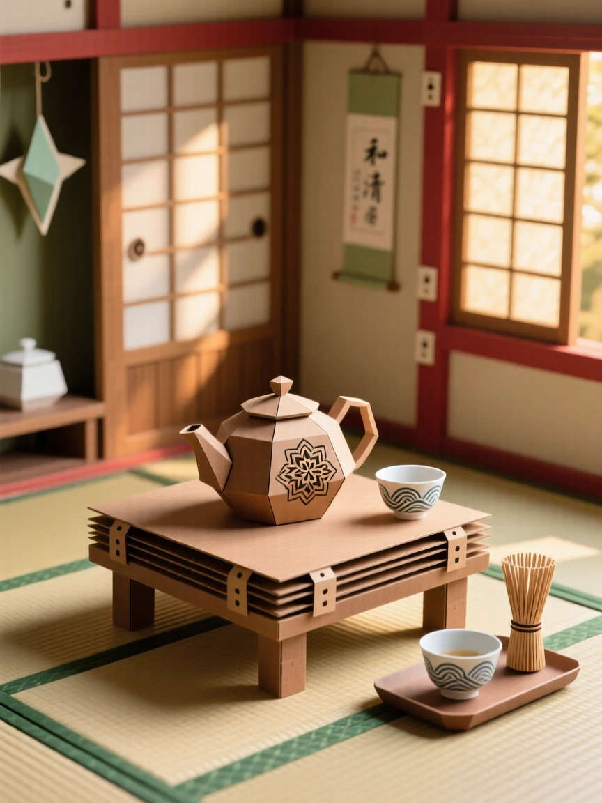 A traditional tea ceremony set in a sunlit traditional workshop, with intricate patterns catching the eye, capturing vibrant, living tradition.