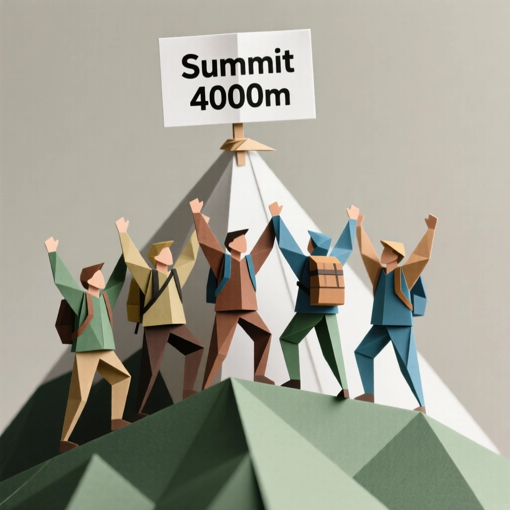 A team of hikers reaching a mountain summit together, arms raised in celebration.