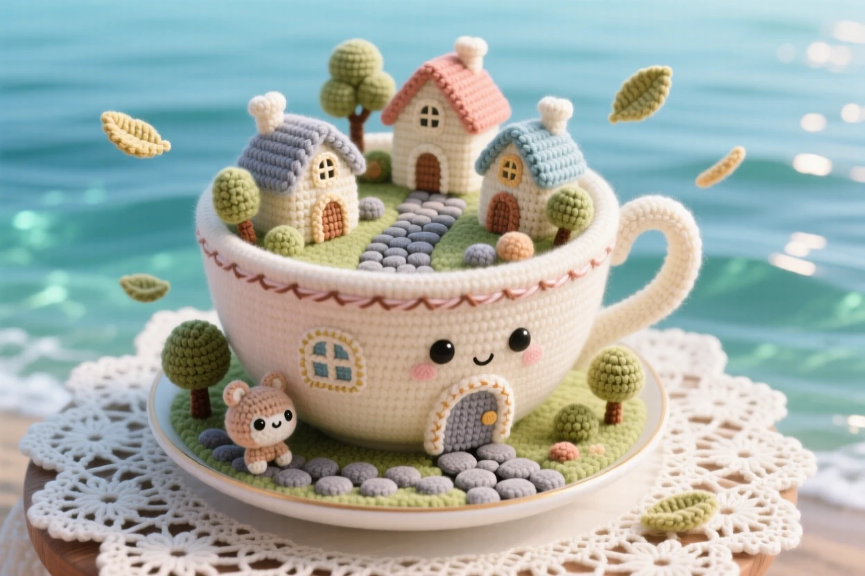 a miniature village built inside a giant teacup, with tiny cobblestone streets, resting on a lace tablecloth, perched above a calm and glassy sea, with a soft breeze carrying tiny leaves, evoking playful imagination brought to life.