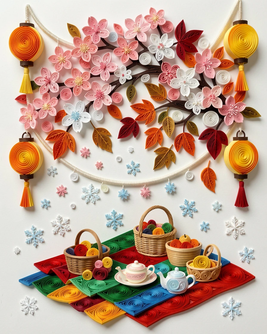 A festive holiday scene of a spring cherry blossom festival with picnic blankets beneath a canopy of falling autumn leaves, with soft snowflakes drifting gently down, framed by strings of glowing lanterns.