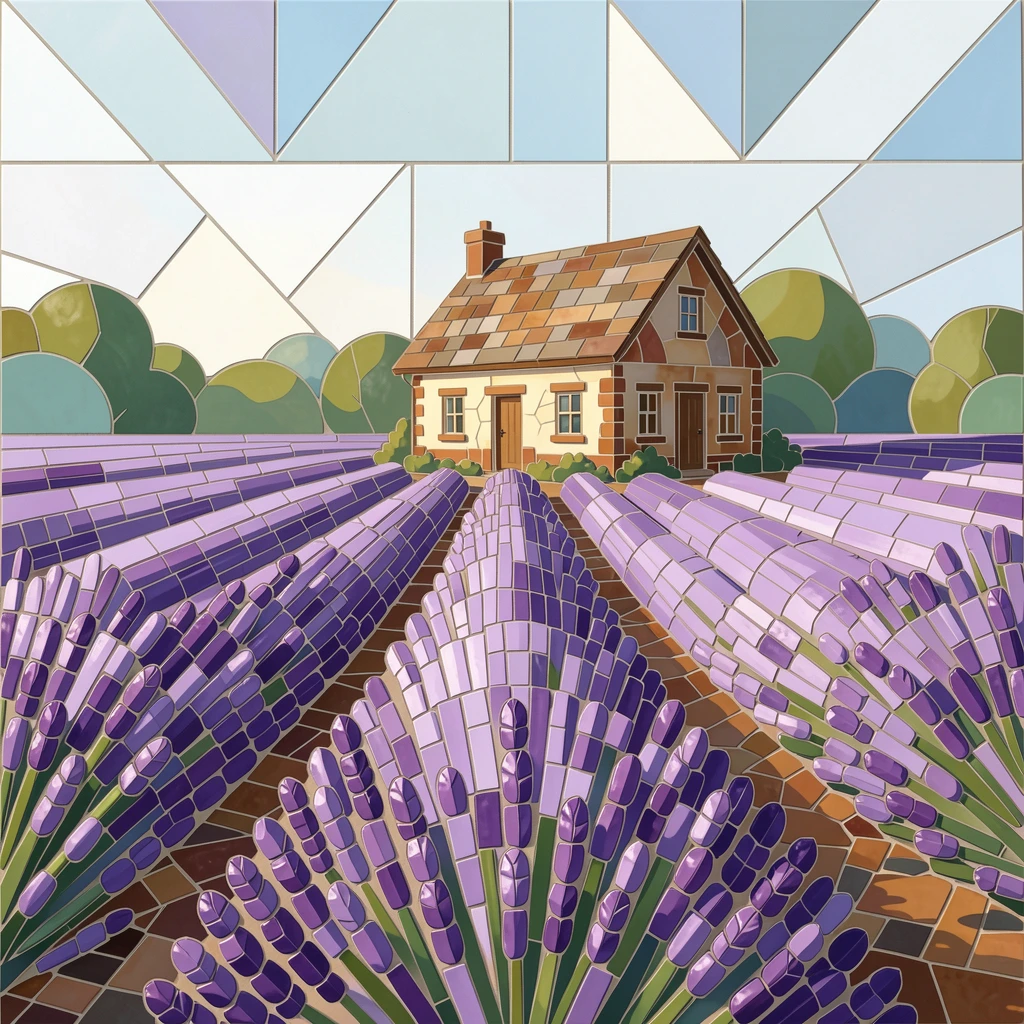 A field of lavender rows leading to a rustic countryside cottage, with soft morning light and a gentle blur of background greenery.