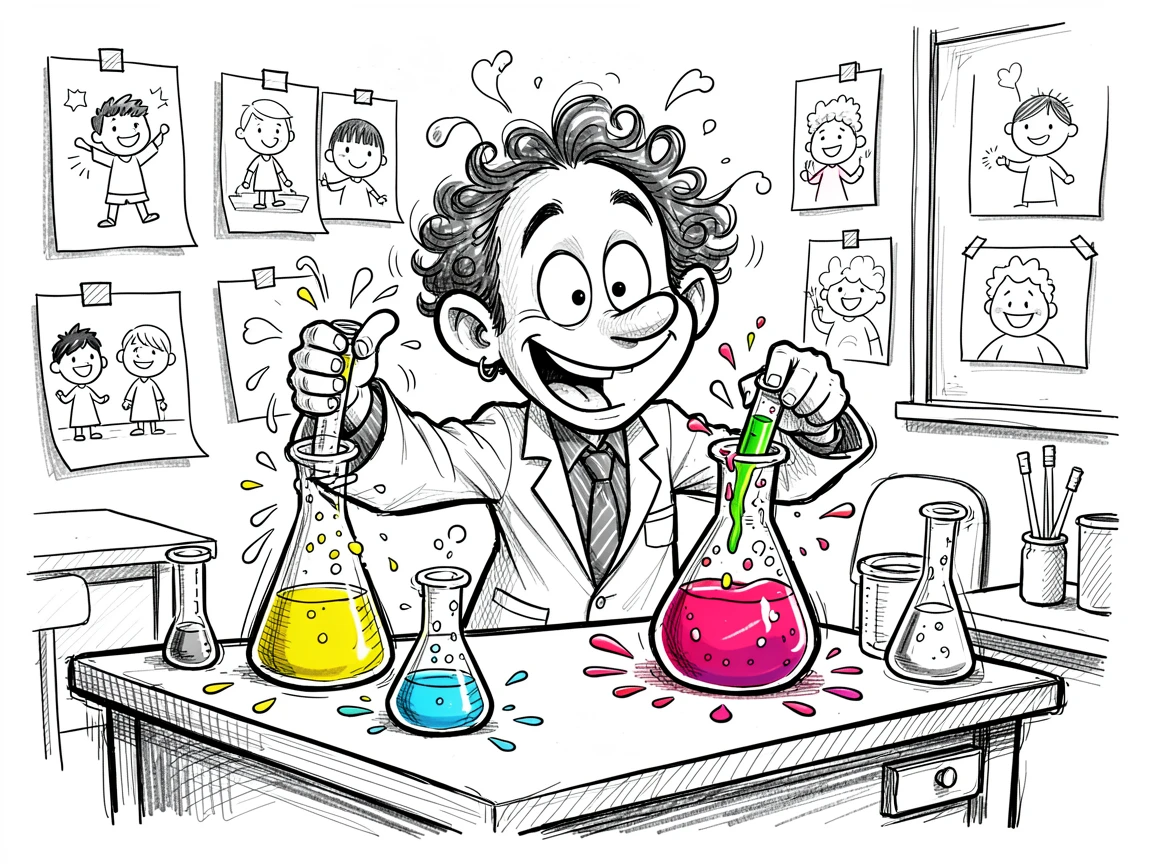 A scientist mixing colorful liquids in a lab in a classroom decorated with student artwork.