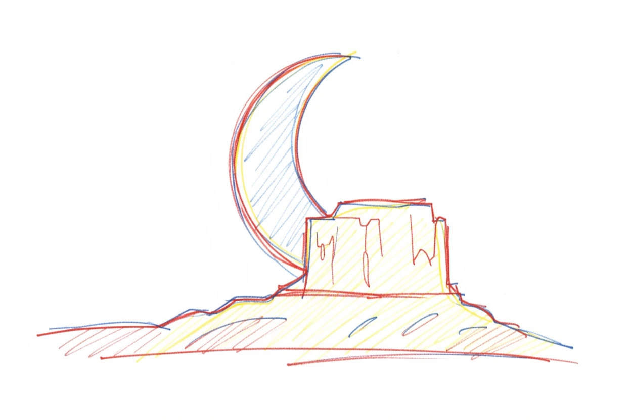 A crescent moon rising behind the silhouette of a desert mesa