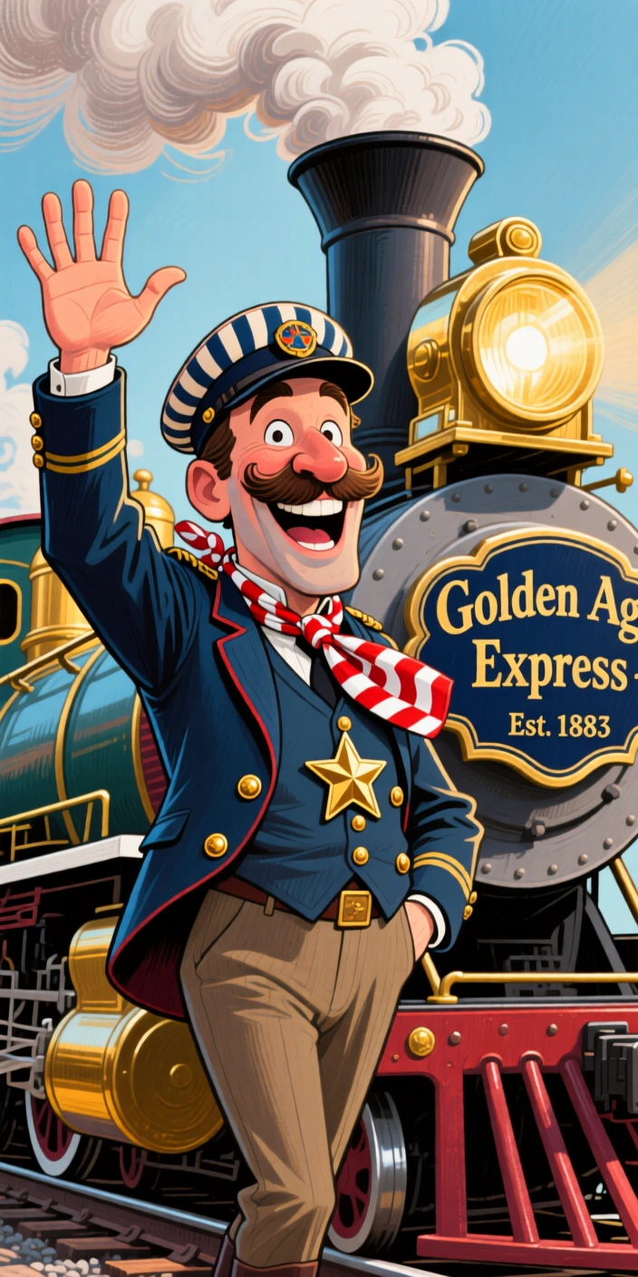 A brave train conductor from the golden age of rail waving from a steam locomotive.