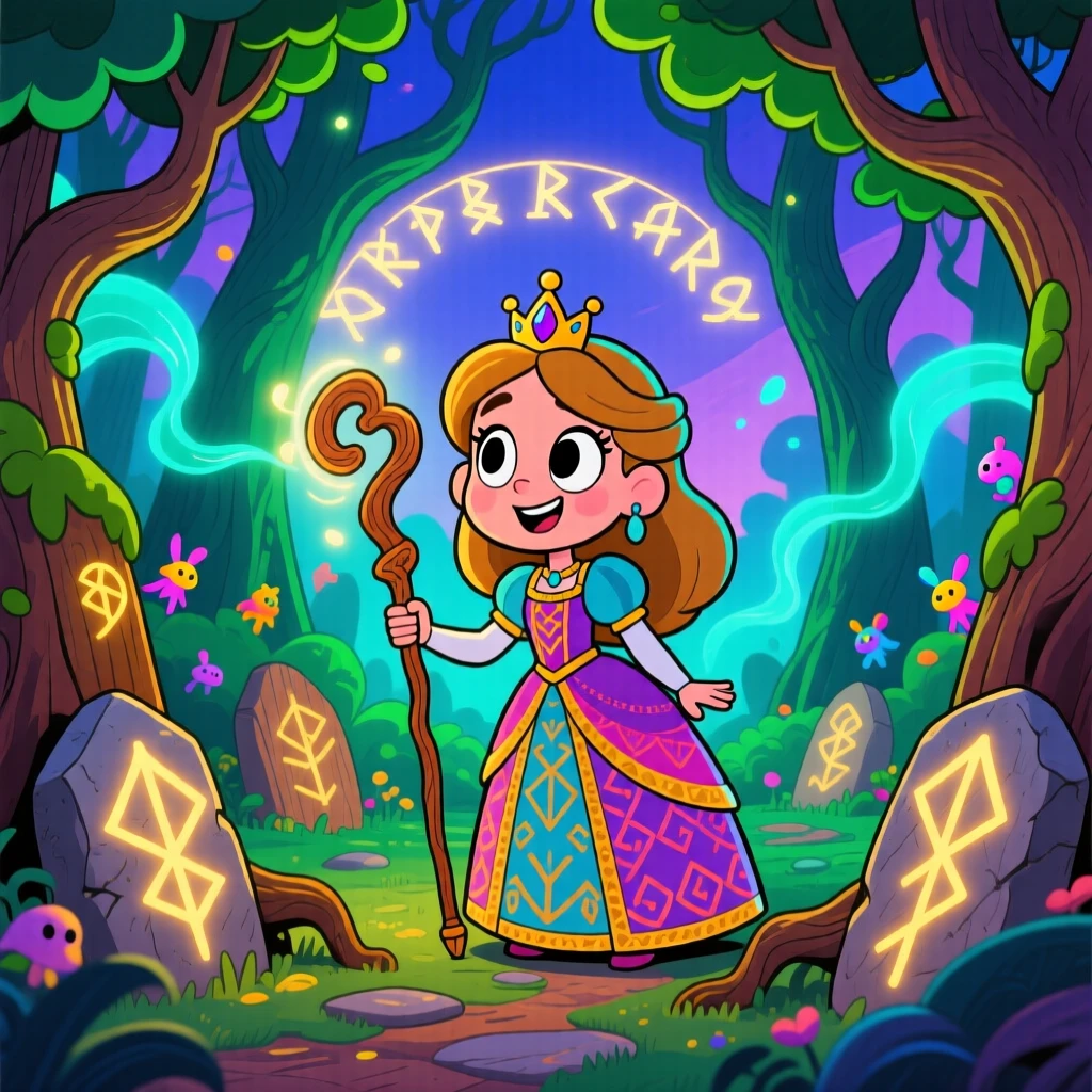 An imaginative fantasy scene of a clever princess exploring a glowing enchanted forest, as ancient runes glow softly nearby.
