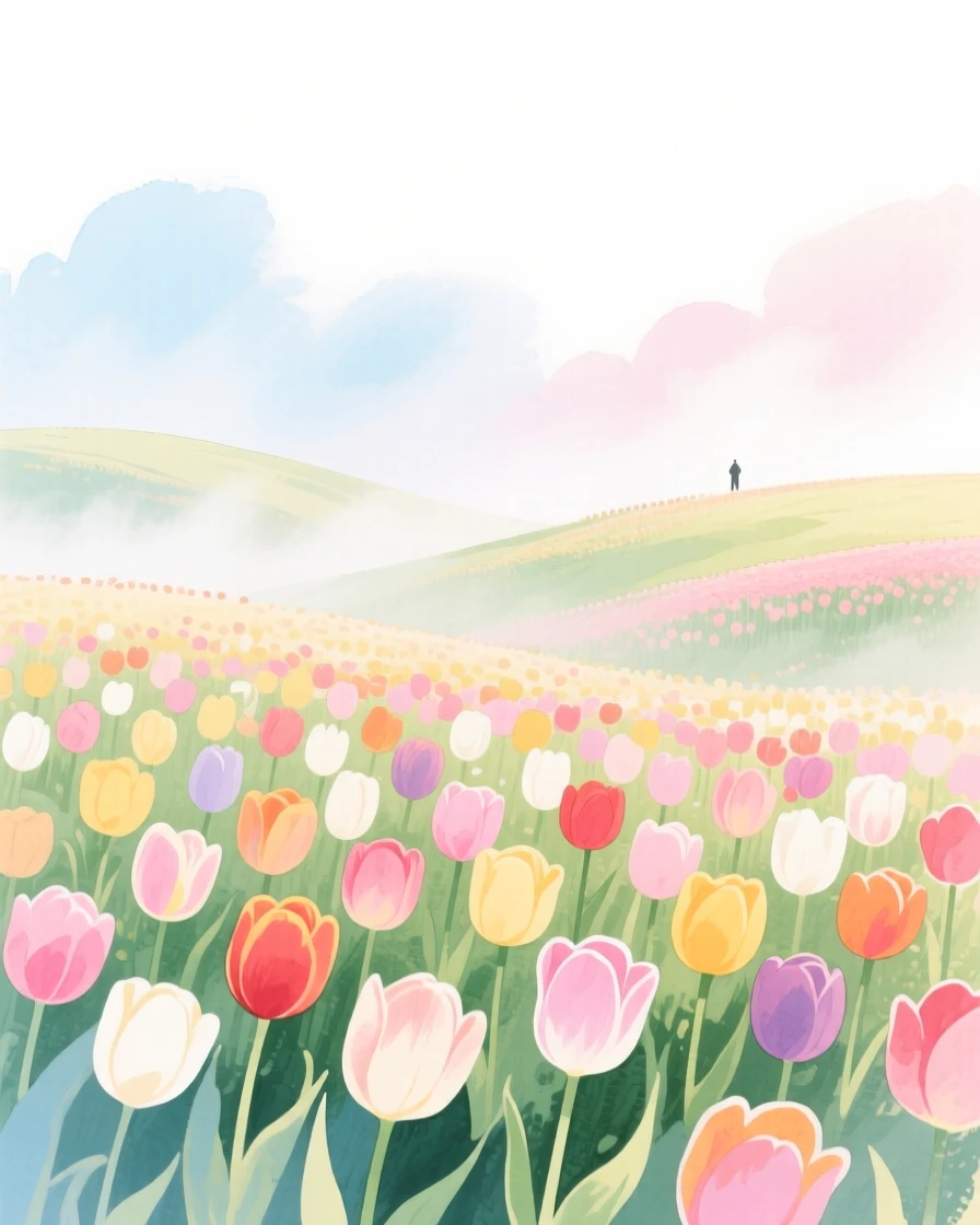 A serene landscape of a field of tulips in every color under a bright sky wrapped in gentle mist