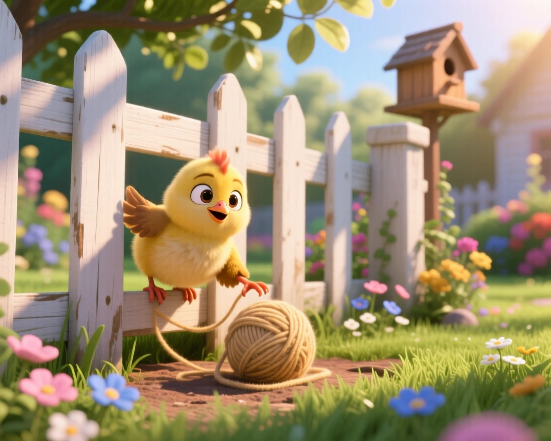 A fuzzy chick is peeking through a garden fence, pawing gently at a ball of yarn. A quiet, comforting sweetness surrounds the scene, with soft shadows framing the scene.