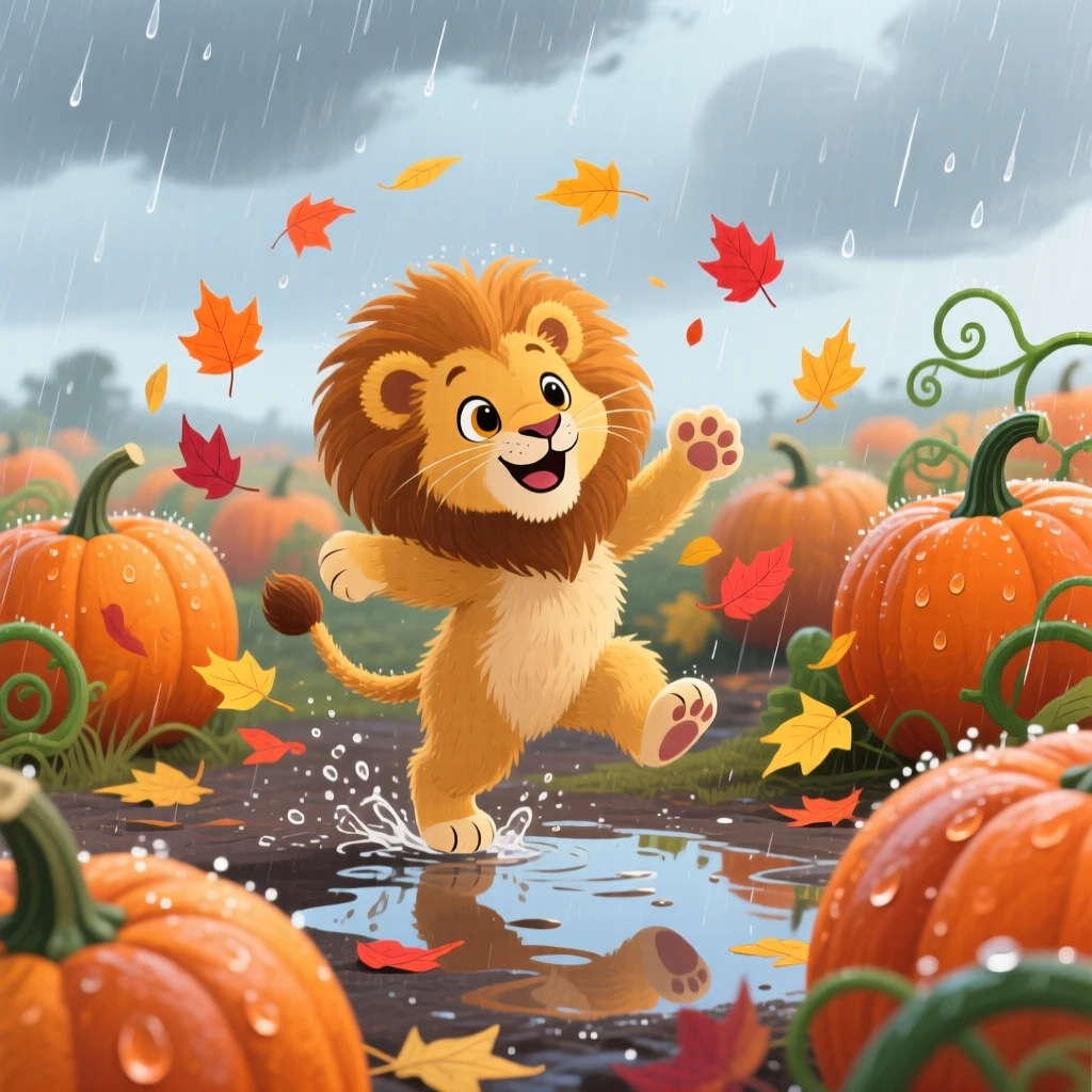 A fluffy lion cub is dancing in the rain in a pumpkin patch, with a trail of fallen leaves swirling around.