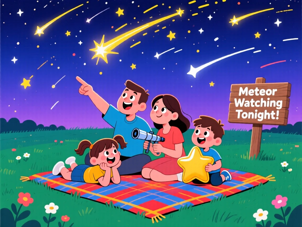 A family watching a meteor shower from a blanket in an open field.