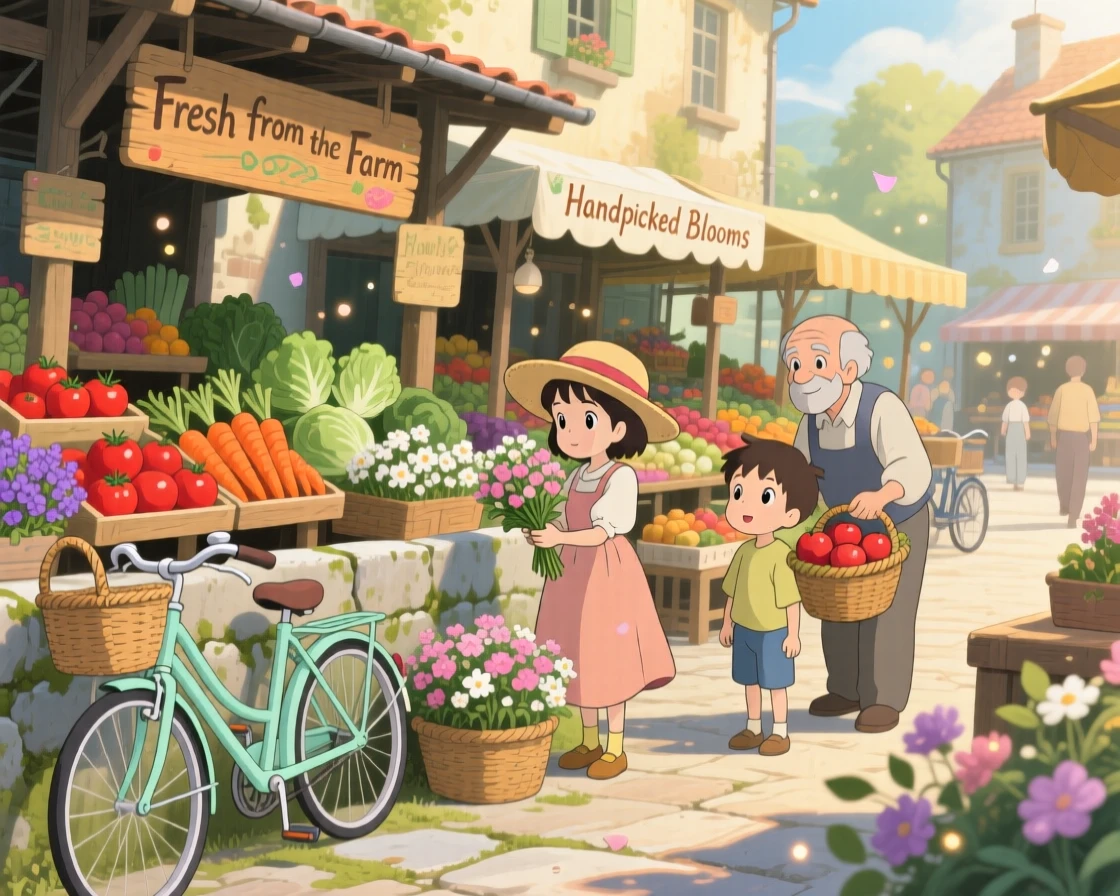 A market day with stalls of fresh produce and flowers, with bicycles leaning against a low stone wall, in the soft morning light.