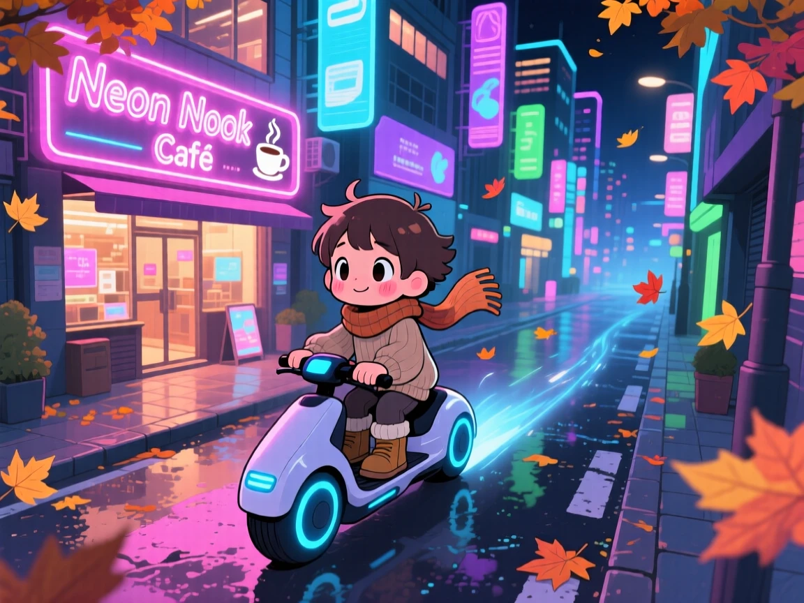 A child riding a hover-scooter through a neon-lit city street in a glowing futuristic cityscape at night on a crisp autumn afternoon; neon-lit glow washes over the scene as shy bashfulness fills the moment. High aerial view.