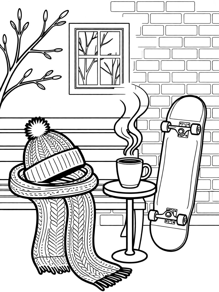 A beanie and scarf set beside a steaming mug, paired with a skateboard leaning against a brick wall.