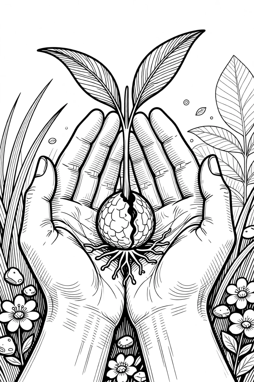 A pair of hands cupped around a small sprouting seedling.