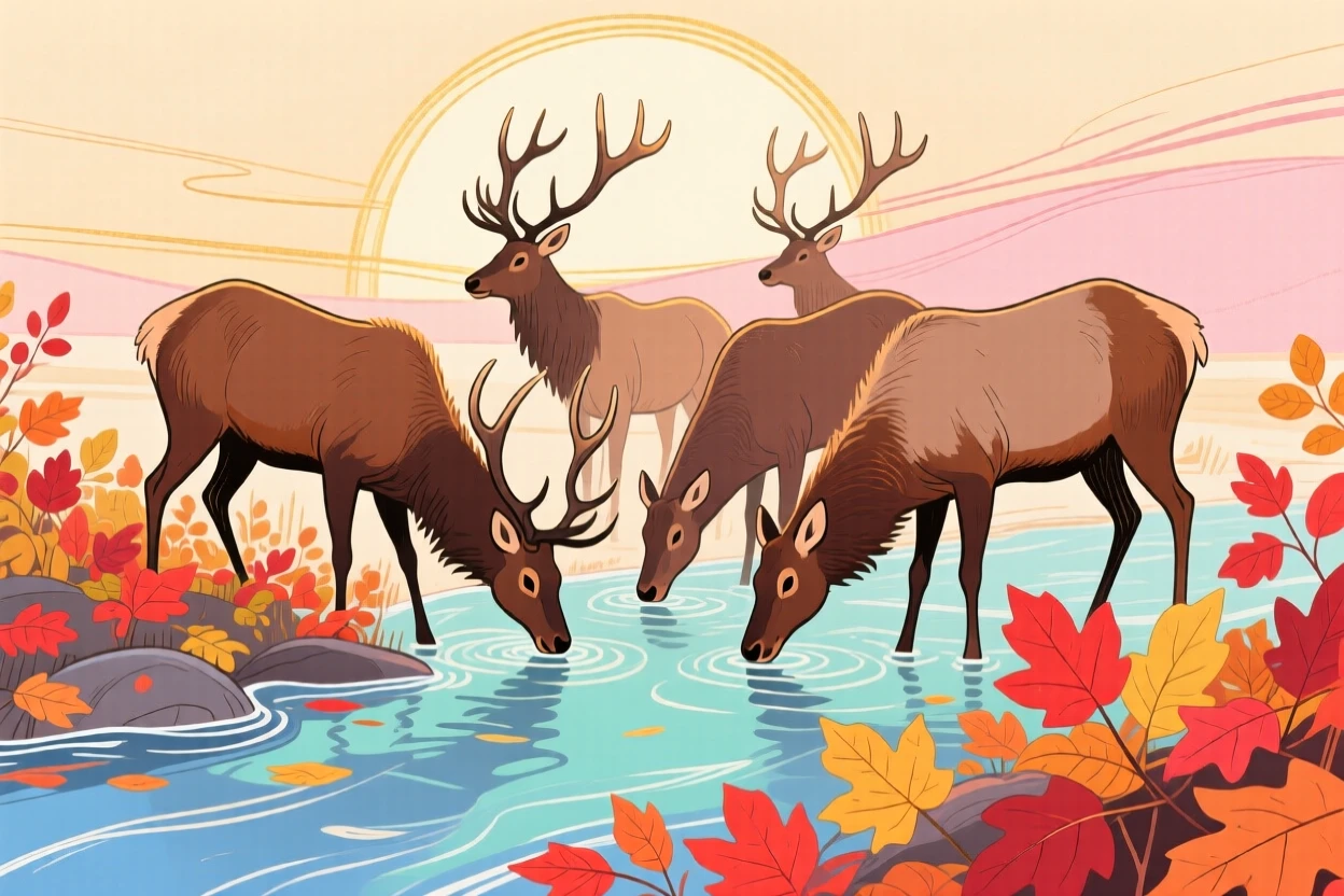 A herd of elk drinking from a stream among autumn leaves at sunrise.