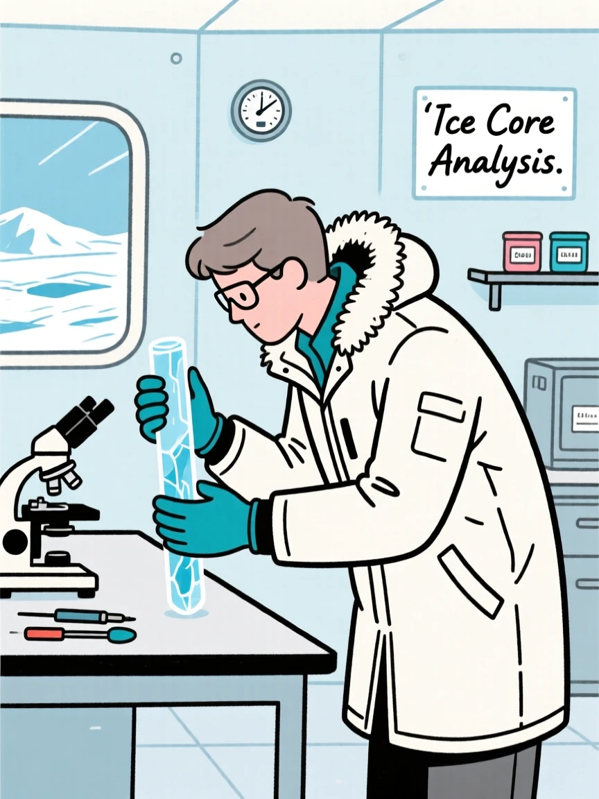 A scientist analyzing ice core samples inside a polar research station.