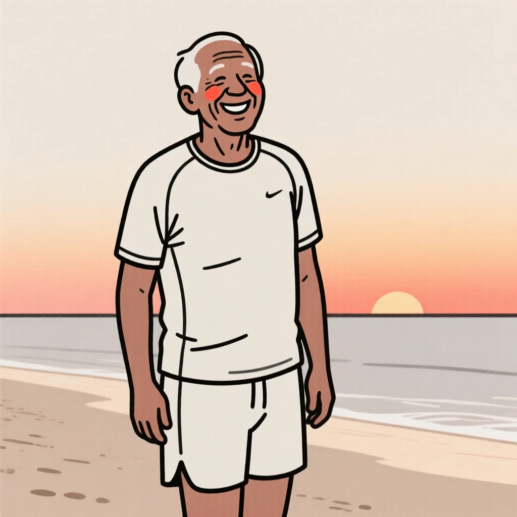 An elderly man of Brazilian heritage in athletic workout wear, beaming with pride, on a sandy beach at sunset.