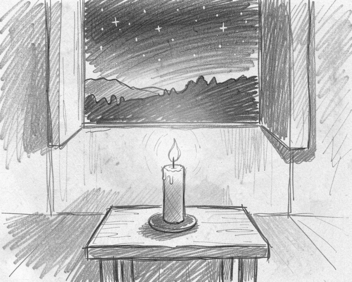 A peaceful moment of a single candle glowing in a dark, quiet room beneath a vast open sky, capturing a moment of pure stillness.