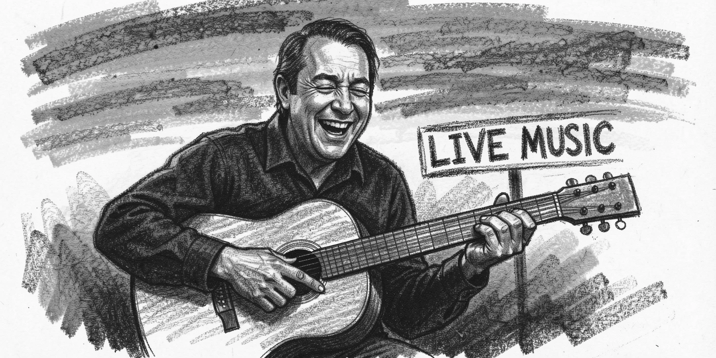 A blind musician performing with pure joy on his face, beneath a sky streaked with sunset colors.